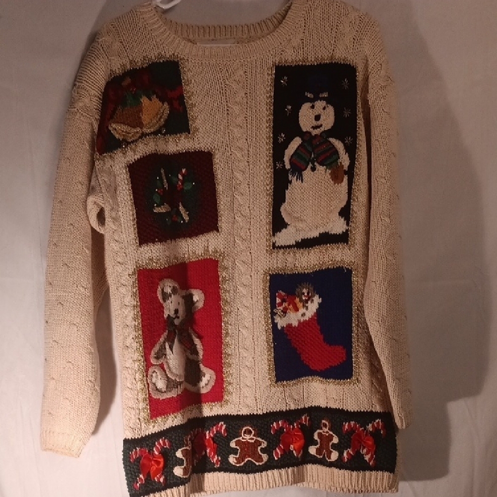 Casual Corner Limited Edition Cream and Red Crew Neck Sweater Hand Knitted Small